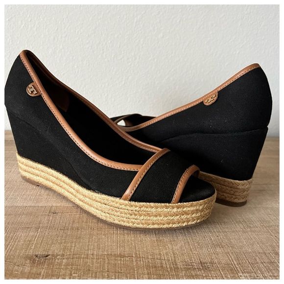 Tory Burch | Black Majorca Peep Toe Canvas Wedge | 9 - Picture 15 of 15